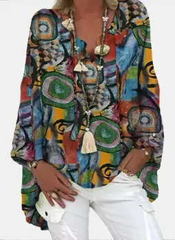 2021 Femeilor Vintage Print Boho Bluze Supradimensionate cu Maneci Lungi V-neck Loose Tricouri Casual Pulover de Sus