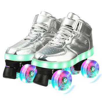 Lumini cu Led-uri Copii Adulți Quad Patine cu rotile cu 4 Roti USB de Încărcare Clipește Patinaj Alunecare Adidas Pantofi Începător în aer liber din Piele PU