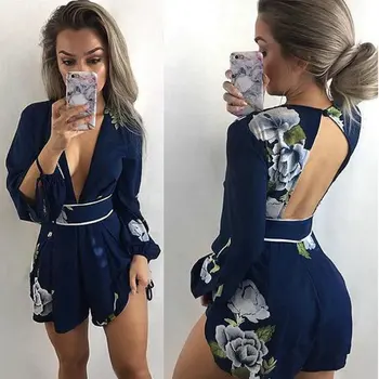 2020 Moda Sexy V-neck Salopete Pentru Femei Backless Tipărite Costum cu Maneci Lungi Vrac Versiune Sălbatice Scurt Vladan