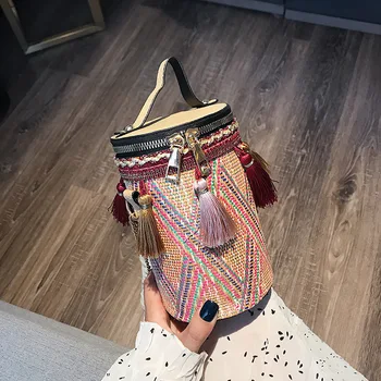 Geantă de mână de femei etnice vântul mâna de trăsură umăr geanta de paie cilindru sac lanț tassel Găleată Sac