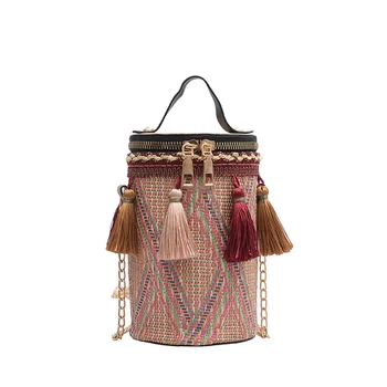 Geantă de mână de femei etnice vântul mâna de trăsură umăr geanta de paie cilindru sac lanț tassel Găleată Sac