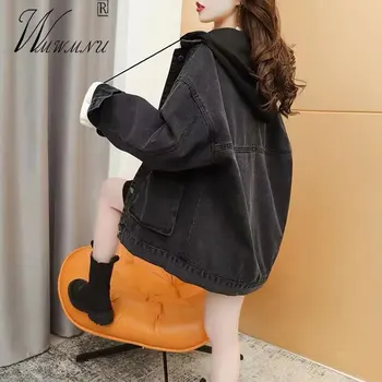 Moda Streetwear Negru Jachete Femei 2021 Primăvară Albastru Jean Haina Jacheta Cu Glugă Detașabilă Harajuku Liber Casual Îmbrăcăminte Coreeană