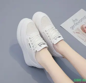 Noi Vara Respirabil Adidasi Femei Platforma Plasă Pantofi Pene Tocuri Pantofi Casual Femei 8 CM pantofi Albi