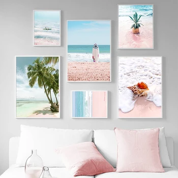 Pink Beach Sea Shell Ananas Hamac Nordic Postere Si Printuri De Arta De Perete Panza PaintingWall Imagini Pentru Living Decorul Camerei