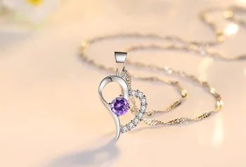 Noi Argint 925 violet Stralucitor Zirconiu inima pandantiv Colier pentru Femei Moda Bijuterii Cadouri de Ziua Îndrăgostiților