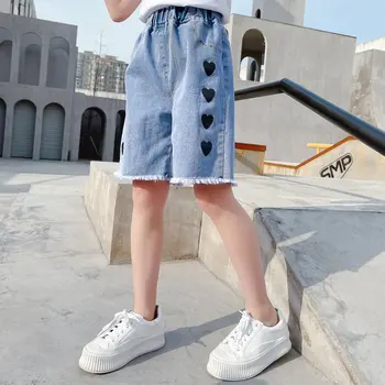 Teen Fete pantaloni Scurți Cu Inima de Imprimare Stil Casual Fashion Summer Mic Moț Copii de Școală Talie Înaltă, din Denim Pantaloni Jumătate de 5 14Yrs