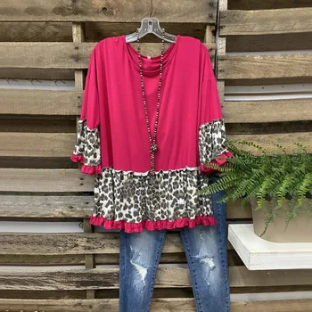 Plus Dimensiune Lung Maneca T Shirt pentru Femei Leopard de Flori Cusătură Liber Gât Rotund Primăvară, Tricouri Lugentolo
