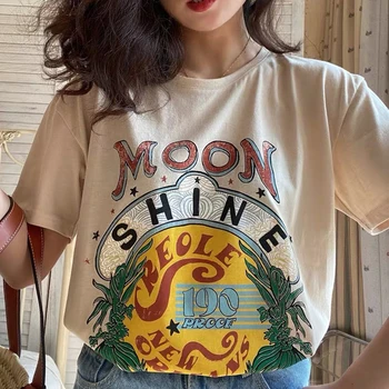 Țăranul Luna Strălucește Vintage Imprimate Doamnelor Maneca Scurta din Bumbac Topuri Plus Dimensiune Liber Grafic Teu Rotund Gat Estetice tricou
