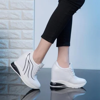 Femei Chic Alb Negru Adevărată Vacă Din Piele De Moda High Sneaker Wedge Ascunsa Toc Casual Pantofi Sport Coreean Stiluri De Culori Amestecate