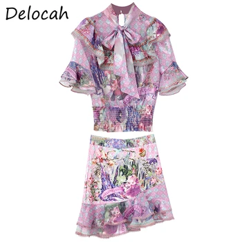 Delocah Femei Designer De Moda Set De Doua Bucati Flare Sleeve Arc Elastic Talie Sus + Zburli Tiv-Linie Fuste 2 Piese Costume 2021