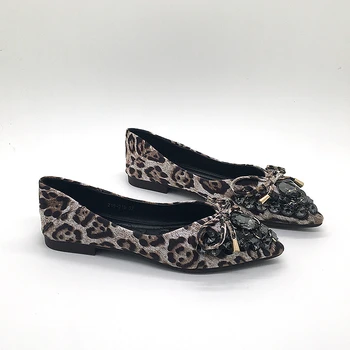Pantofi Leopard Femei Balerini Stras Animal Printed Bow Nod Subliniat Toe Doamnelor Sexy Plat Balerine Pliabil Mocasini