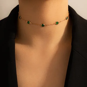 Moda Verde Stras Colier Femei pe Scurt, cu un Singur Strat Colier Clavicula Lanț de Aur din Aliaj de Metal Handmade Bijuterii Cosmetice