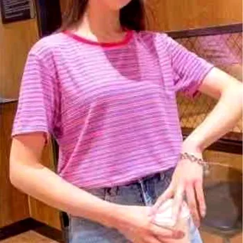 2021 Femeie T-shirt Casual cu Maneci Scurte Stripe Contrast de Culoare Tricouri Lejere de Vară de Moda O-gât Tricot de Bază Topuri