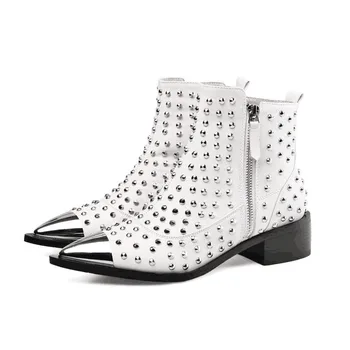Alb Glezna Cizme Pantofi Pointe Fermoar Nituri de Lux de Designer Papuceii Doamnelor Cizme-femei Ascuțite Facultatea de Cauciuc Moda 2020
