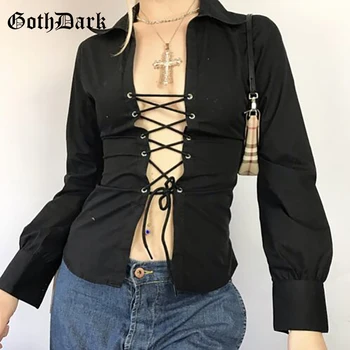 Goth Inchis Cu Dungi Gotic E-Fata Y2k Dantelă-Up Punk Femei T-Shirt Grunge Sexy Negru Cu Maneci Lungi Tubulare Topuri De Cultură Streetwear