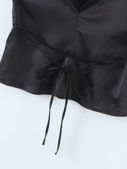 2021 Vara Franța Îmbinat Dantelă V gâtului Negru Satin Camis Femei Retro Fata Sexy Înapoi Cravata si Curea Slim Crop Top Scurt Tees