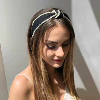 Femeile Banda De Susținere Accesorii De Par Alb Negru Cu Margele Benzi Top Înnodate Hairband Elegant Cruce Benzile De Păr Lucrate Manual Frizură