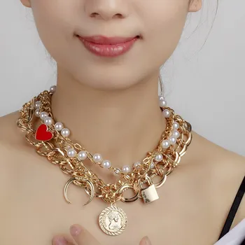 Noul metal de aur punk colier simplu femei retro multi-strat imitație de perle mici de blocare pandantiv colier bijuterii accessori