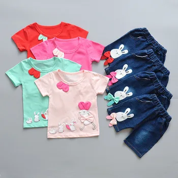 Copii Fete Haine de Vară Set pentru Fete Haine de Bumbac Tricou+pantaloni Scurti din Denim 2 buc Copilul de Desene animate Fete de Îmbrăcăminte Stil