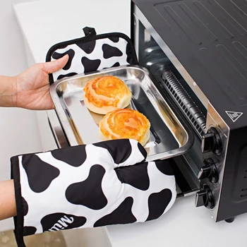 Îngroșa Mănuși De Cuptor Și Titularii Oală De Gătit Set Leopard Lapte Imprimate Rezistente La Căldură Bucătărie Impermeabil, Cu Interior Din Bumbac Strat