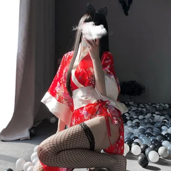 Sexy Sakura Kimono Japonez Menajera Costum pentru Femei Ușuratice Rochii pentru Sex Erotic Cosplay Costum Print Floral Halat de baie jocul de Rol