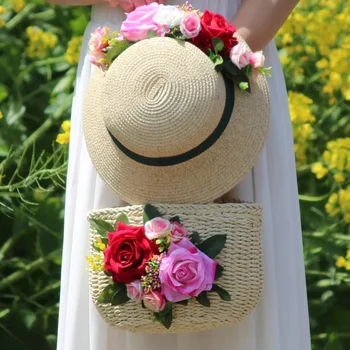 Femei de Moda Boemia Stil Geanta de Plajă Țese Paie de Flori de Vară Casual Tote Rafie Rattan Geantă de mână de Vacanță și de Vacanță Pălărie Costum