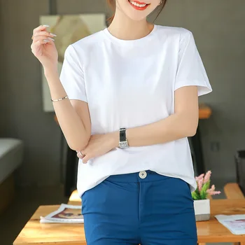 Vara culoare solidă cu mânecă scurtă t-shirt femei vrac casual gât rotund alb T-shirt