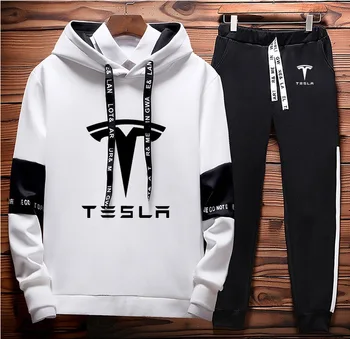 Mens Hoodies tricoul Tesla Masina Logo-ul Imprimat Primavara Toamna Hanorac+Pantaloni 2 buc Sportive costum de Lână Cald Gros sportwear