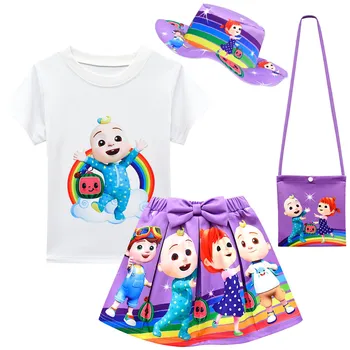 2021 Vara de Îmbrăcăminte pentru Copii Desene animate pentru Copii Cocomelon Bumbac T-shirt+ Fuste cu Sac Palarie Fete pentru Copii Haine Seturi Copilul se Potriveste