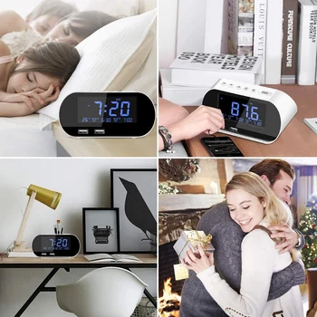 Radio cu Ceas alarma, FM cu Timer de Somn, Dual USB Port de Încărcare, Display Digital,cu Reglaj,Volum Ajustabil (Alb)