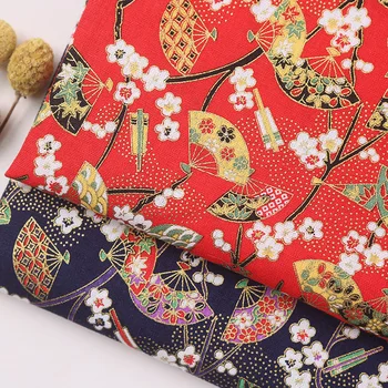 Tipărite de Bronz, Țesătură de Bumbac,în Stil Japonez Fan de Flori Tesatura Model Pentru Kimono Cheongsam, Textile Acasă DIY Sac Papusa Material