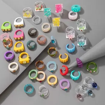 2021 Mai Noi Pline De Culoare Transparent Zână Rășină Inel Pentru Femei Fete Acrilic Rhinestone Geometrice Inele Rotunde Set Bijuterii Boemia
