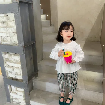 Îmbrăcăminte pentru copii 2021 Primăvară coreene Noi Fete cu Maneca Lunga Top Alb Multi-strat Dens de Dantela de Bumbac Tricou Papusa