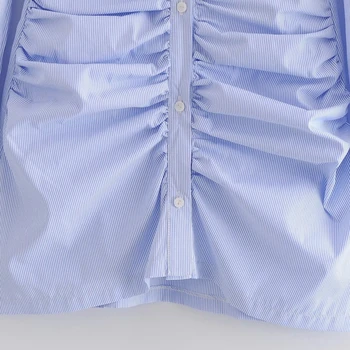 Femei Plisată Decor Cu Dungi Bluza Lunga De Sex Feminin Puff Maneca Tricou Casual Lady Slim Topuri Blusas S8318