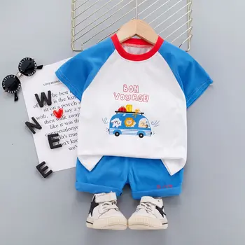 2021 Noi de Vara pentru Copii Haine Copii Copilul Băiat de Desene animate 2 buc O-gât Mozaic de Moda T-shirt Pure Infant Set Trening Seturi