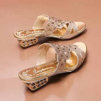 Femei Sandale 2021 Moda De Vara Cu Toc Sandale De Cristal Casual Doamnelor Pantofi Cu Tocuri Înalte Stras Papuci De Casă E878