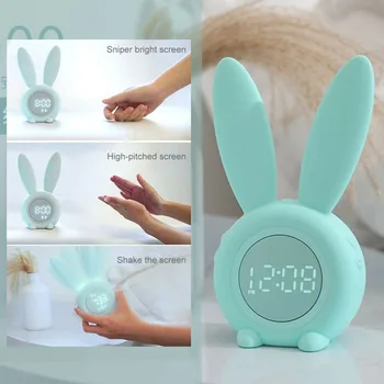 Portabil iepure drăguț în formă de ceas cu alarmă digital cu LED-uri de sunet funcție de lumina de noapte, touch control 2000mAh baterie reîncărcabilă timer