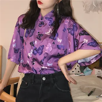 Deeptown Bluza Vintage pentru Femei Tricou Violet Harajuku Steampunk Maneca Scurta Top de Vară Doamnelor Print Frumos Button Up Shirt