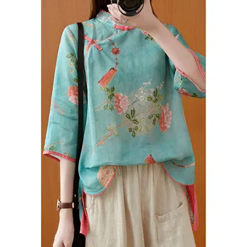 Vară Stil Chinezesc Hanfu Topuri de Cânepă Femei Tricou Maneca 3/4 Retro Bluze 2021 New Sosire Elegant Fashion Catarama de Imprimare