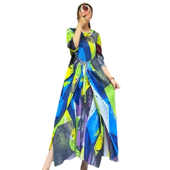 LANMREM femei rochii plisate 2021 moda toamna pline de culoare de imprimare o-gât jumătatea vițel pliat rochie pentru femei 2A303