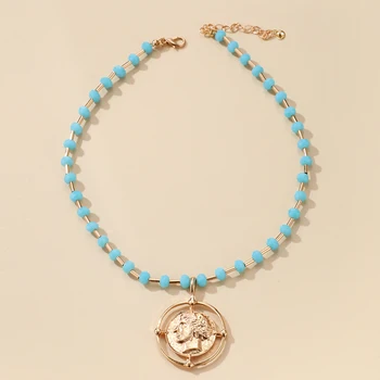 HuaTang Monede vechi Portret Pandantiv Colier pentru Femei Albastru Margele de Cristal Clavicula Lanțuri Cravată de sex Feminin Bijuterii pe Gat