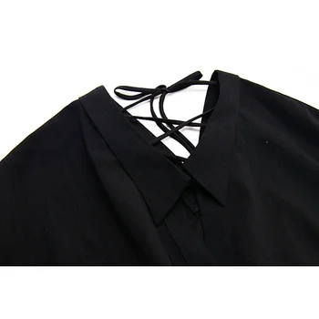 [MEM] Femei Negru Elastic Talie Cruce Înapoi Bandaj Rochie Nouă Rever cu Maneci Lungi Vrac se Potrivi de Moda Primavara-Vara 2021 1U402