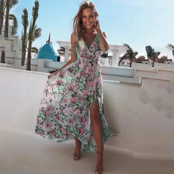 Bohemia Femei Adânc V-Gât Rochie Lunga de Moda Sexy Split Rochie Casual de Vara Tunica de Imprimare Lungime de Glezna Rochii Vestidos