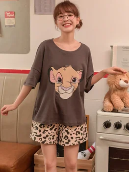 3XL Pierde Vara din Bumbac, Pijamale pentru Femei Maneci Scurte pantaloni Scurți Regele Leu Simba Leopard de Imprimare Anime Drăguț Acasă Costum de Pijama Seturi pentru Femei