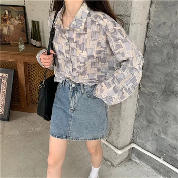 Bluze Bluza Retro Imprimare Modele Geometrice Maneca Lunga Tutn-jos Guler Butonul Vrac Dulce Îmbrăcăminte pentru Femei stil coreean Vara