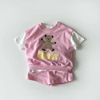2021 Vara Unisex Copii Tricou Scurt Set 3pcs coreea pentru Copii Moda Drăguț Urs Seturi de Îmbrăcăminte pentru Băieți și Fete Vesta+Tricou+pantaloni Scurti Haine