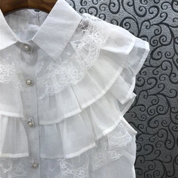 VGH Camasa Alba Eleganta Pentru Femei Rever Mâneci Mozaic Dantelă Subțire Bluze Casual de Vara pentru Femeie de Moda Haine Noi 2021
