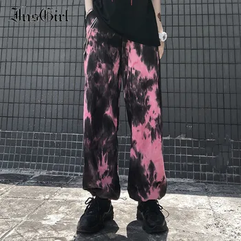 InsGirl Harajuku Streetwear Tie-dye Pantaloni Femei Retro, Grunge, Punk Înaltă Talie Pantaloni Hip Hop Mall Goth Vrac Pantaloni Casual