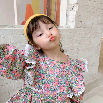 2021 Primăvară Nouă Mica Printesa Florale, Volane Bluze stil coreean grupa de Copii Drăguț Fete din Bumbac cu Maneca Lunga Tricouri Topuri