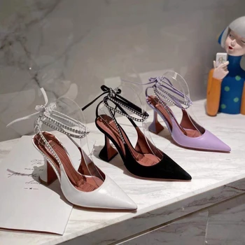 2021 Vara Noi Subliniat cu Toc pentru Femei Pantofi Deget de la picior Închis Paharul de Vin Stras Toc Glezna Curea Sandale de Moda